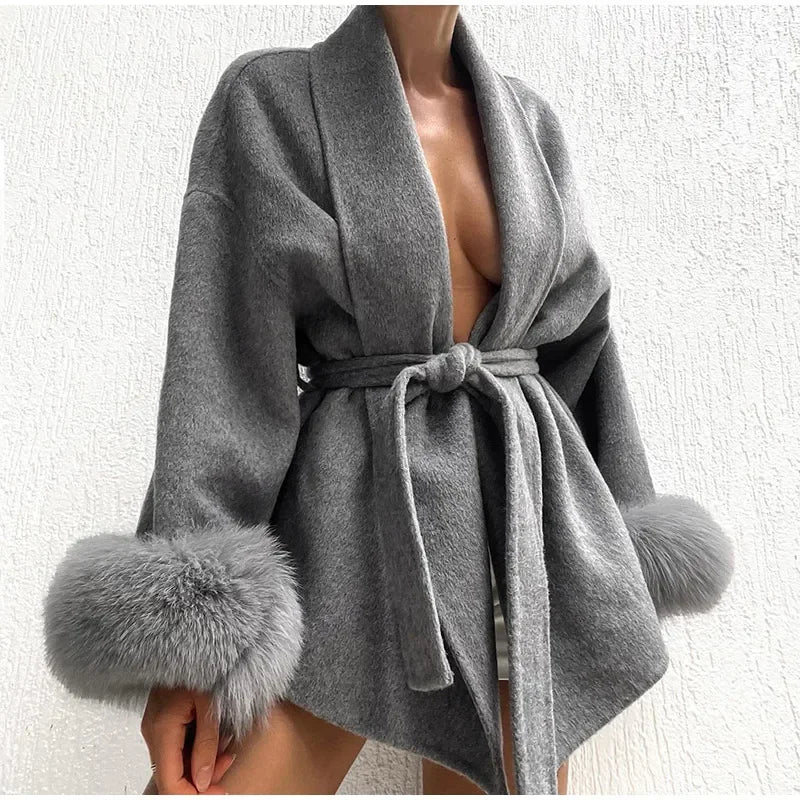 Faux Fur Wool Blend Longline Lapel Overcoat for Women