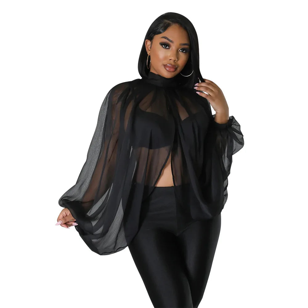 Sheer Lantern Sleeve Blouse with Tie Back for Women