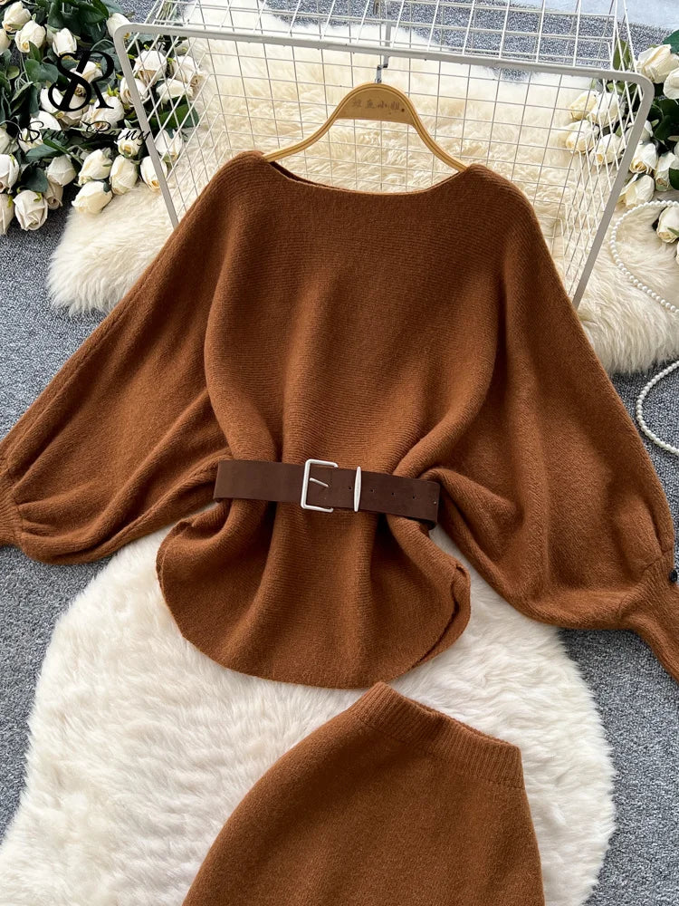Batwing Sleeve Knit Top and High Waist Skirt Set for Women
