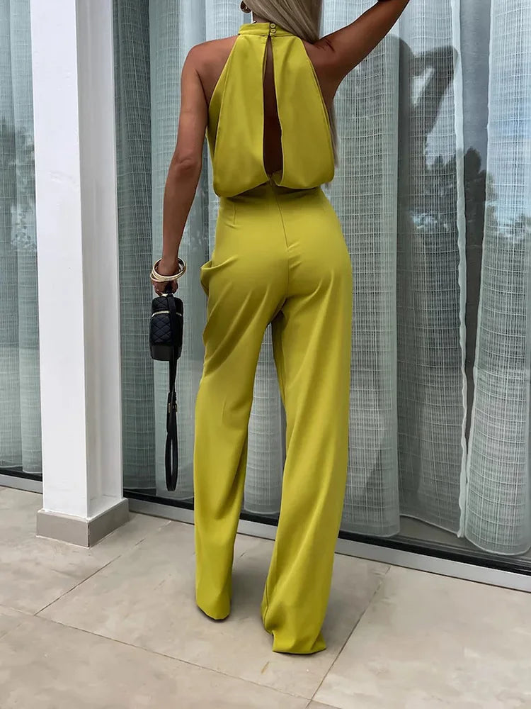 New Sleeveless Wide Leg Pants Playsuits, Women Summer Half High Collar Elegant Jumpsuits, Solid Patchwork Simple Ladies Bodysuit