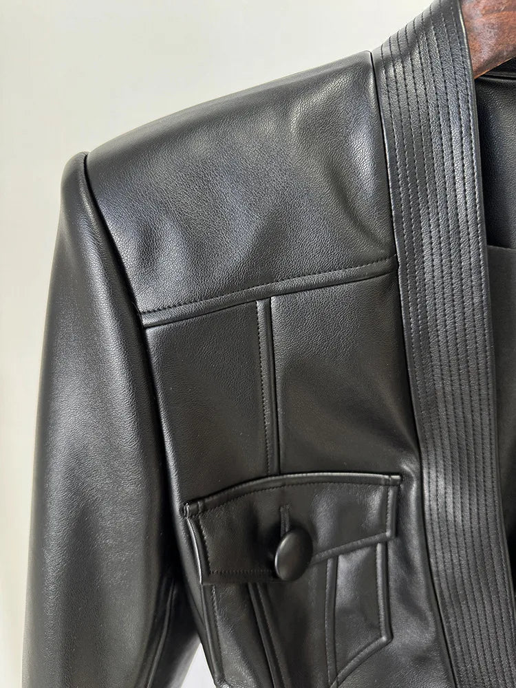 Slim Fit Faux Leather Motorcycle Jacket With Pockets for Women