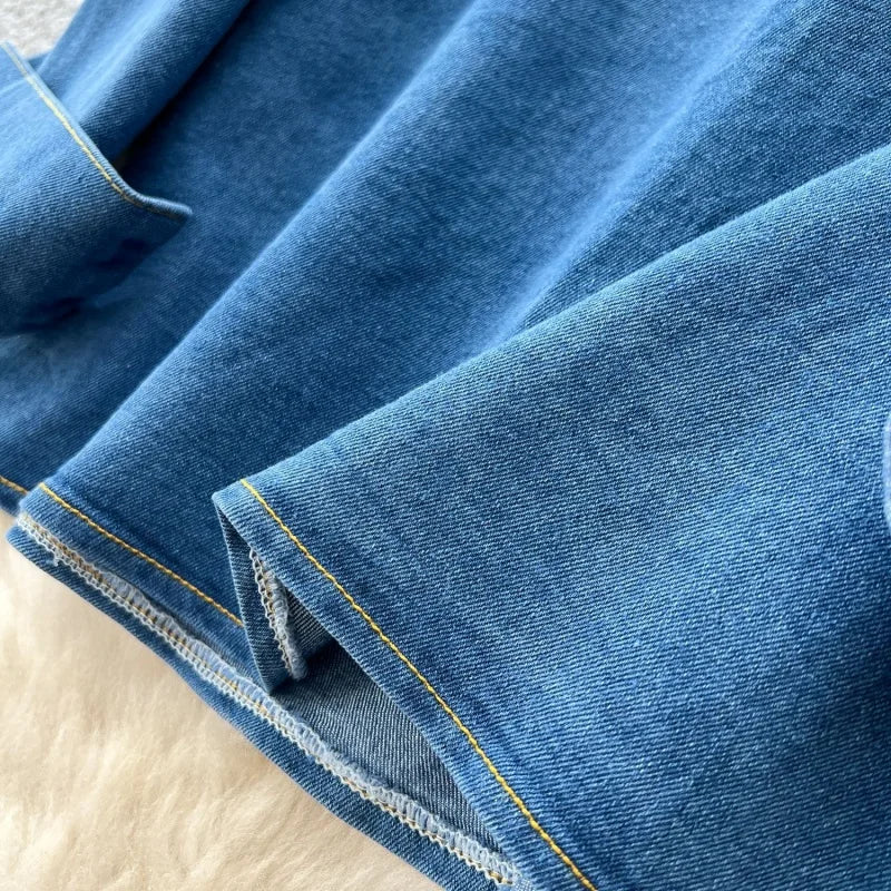 Vintage Long Sleeve Denim Shirt And Jeans Set for Women