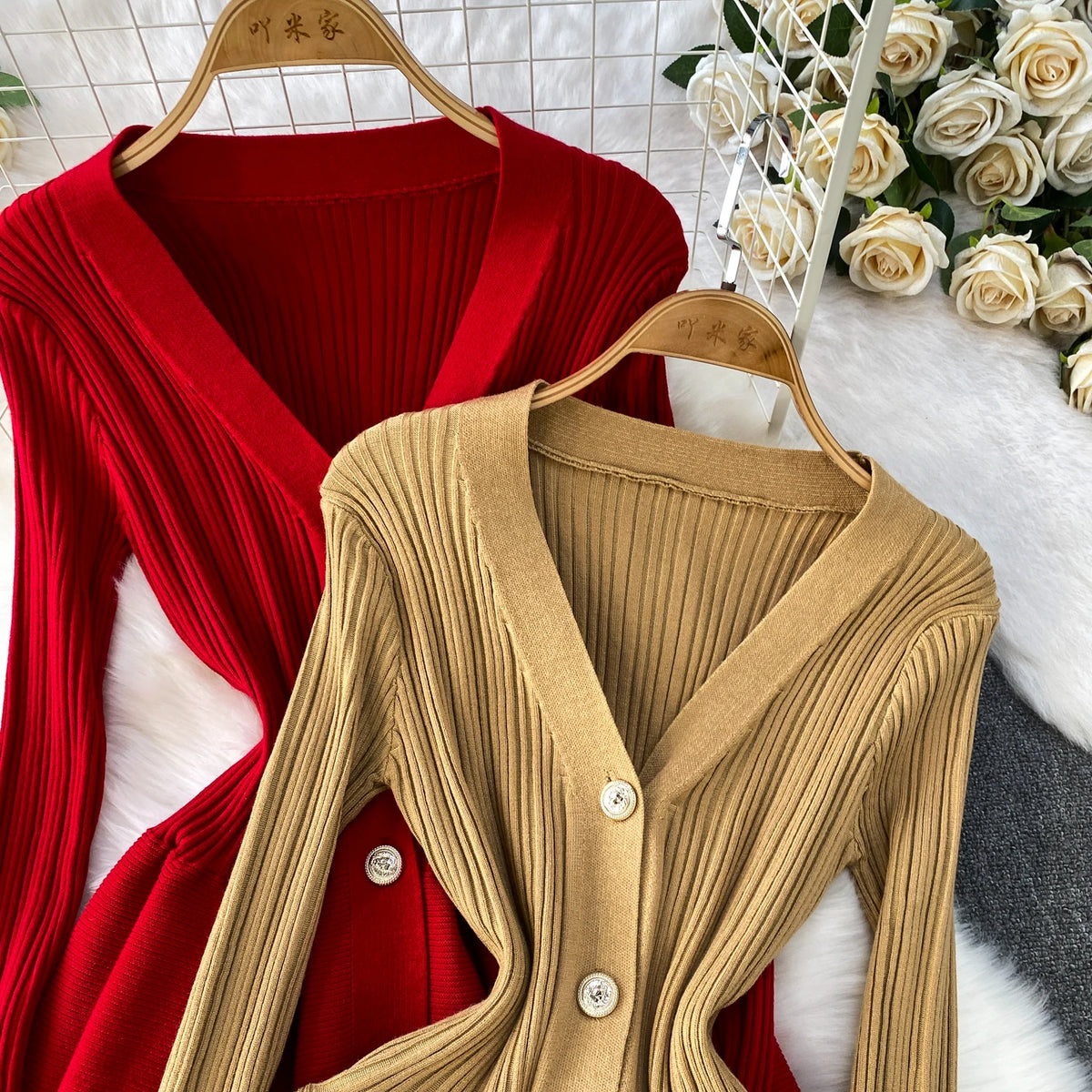 V Neck Knit A Line Long Sleeve Mini Dress for Women