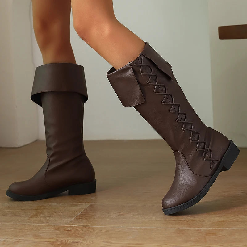 Retro Cross-Tied Flat Mid-Calf Costume Boots for Women