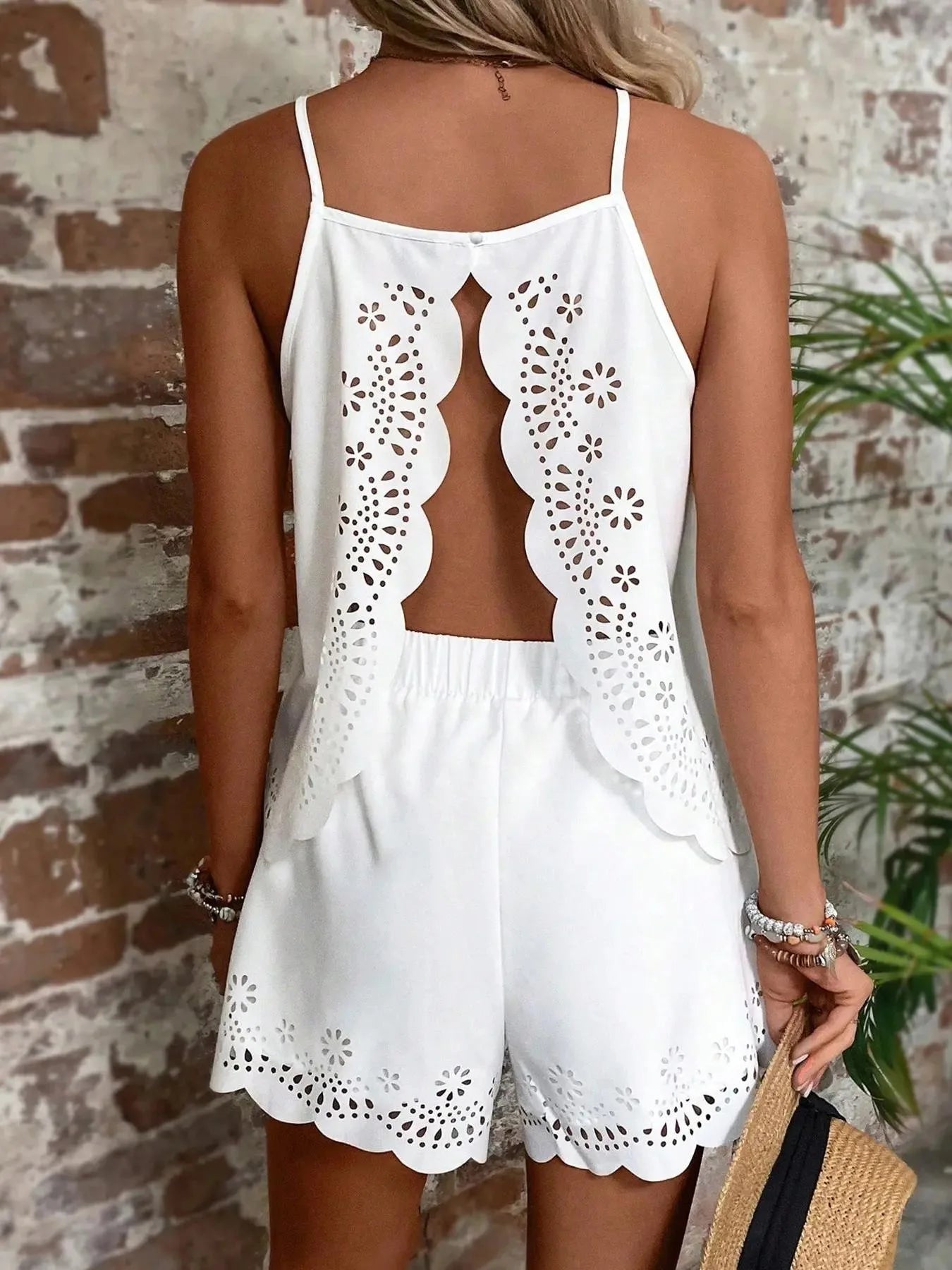 Backless Lace-Up Cami Romper Set