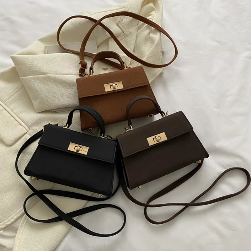 Luxury Fashion Small Square Bag Brand Design Advanced Leather Lock Simple Commuting Solid Color Texture Handbag Messenger Bag