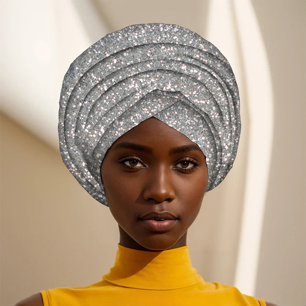 Gleaming Sequined African Print Head Wrap for Women