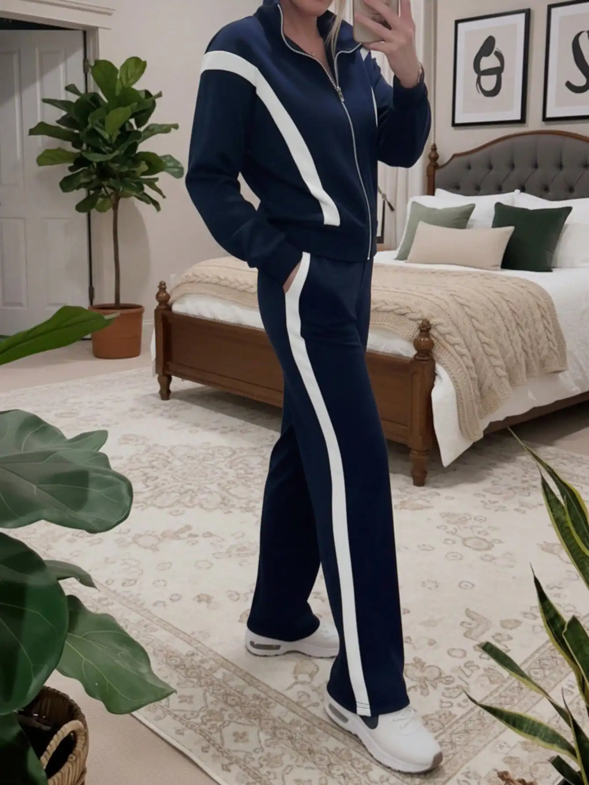 Contrast Long Sleeve Jacket And Striped Trousers Set for Women