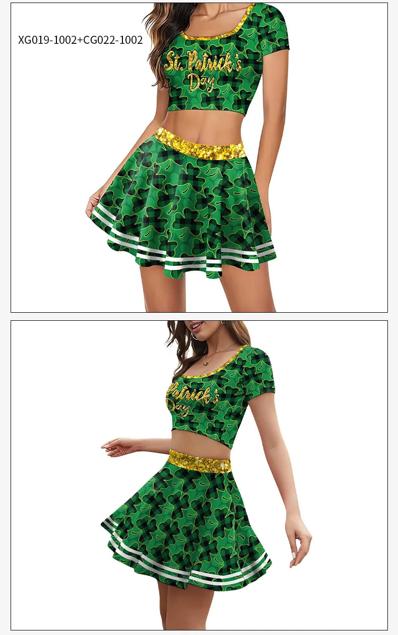 Festive Irish Green Shamrock Plaid Knit Skirt Set for Women