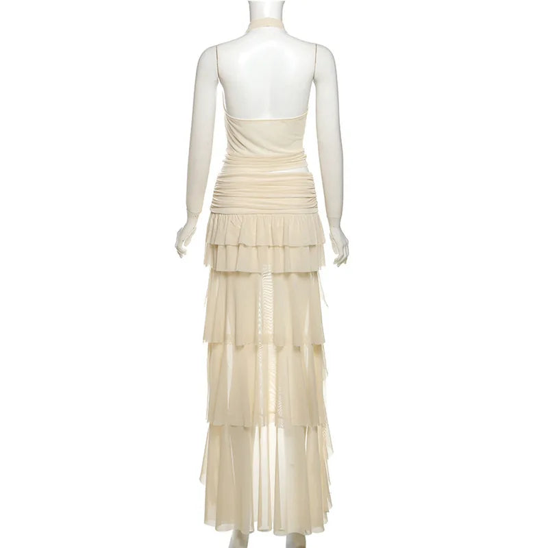 Woman Clothing 2 Pieces Set Dresses Backless Halter Top and Ruffle Long Skirt Elegant Summer Vacation Outfits P94-DH38