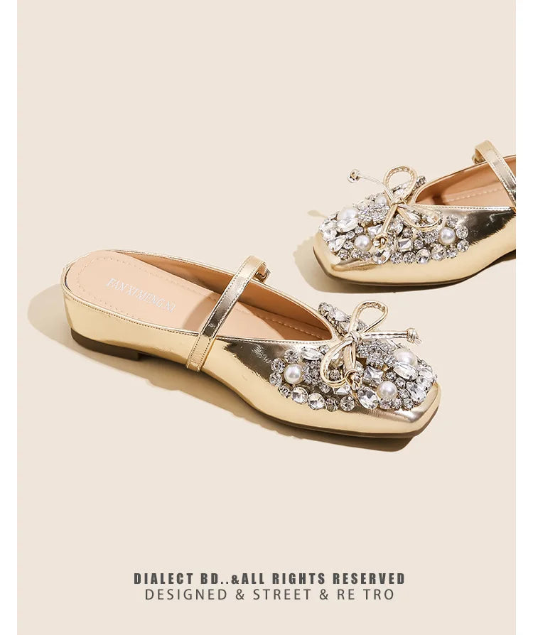 Pearl Bow Embellished Square Toe Flat Shoes For Women