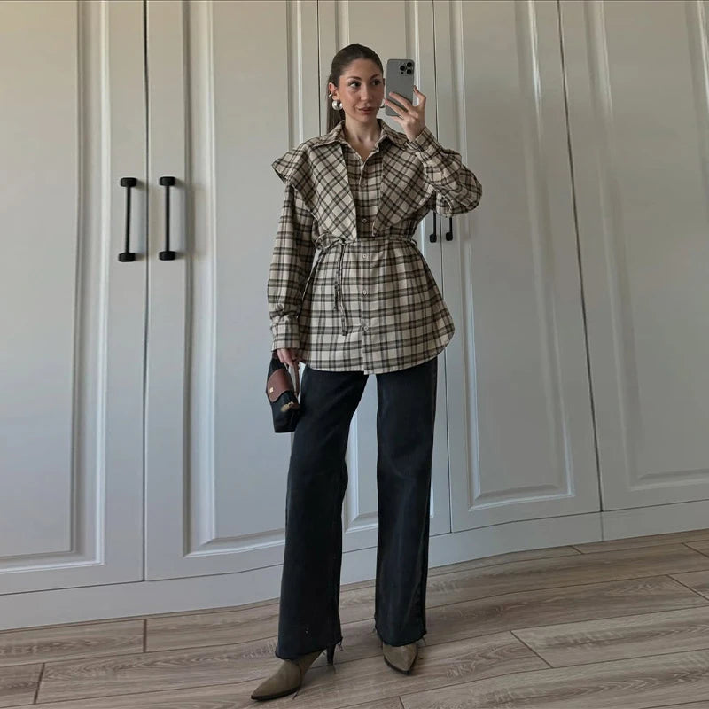 Elegant Plaid Patchwork Long Sleeve Shirt for Women