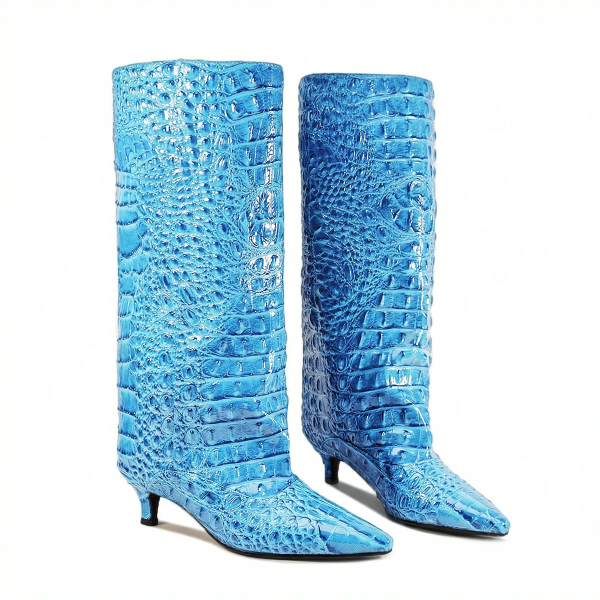 Crocodile Print Wide Shaft Kitten Heel Knee High Boots for Women