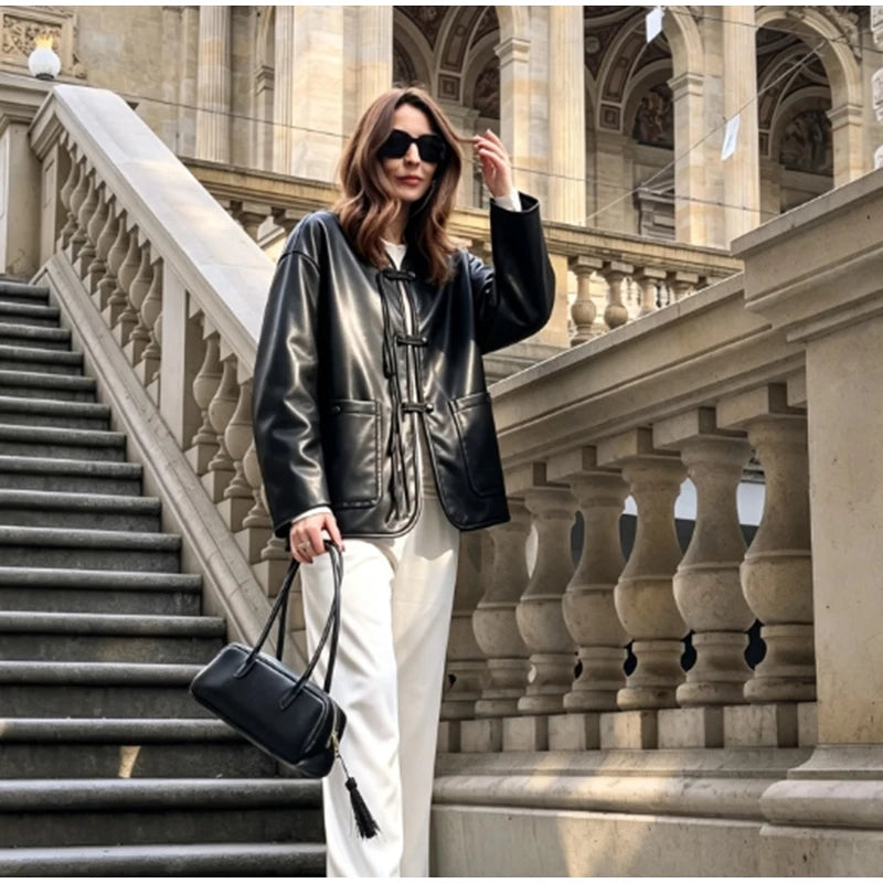 Autumn Winter Pu Leather Moto Jacket With Long Sleeve for Women