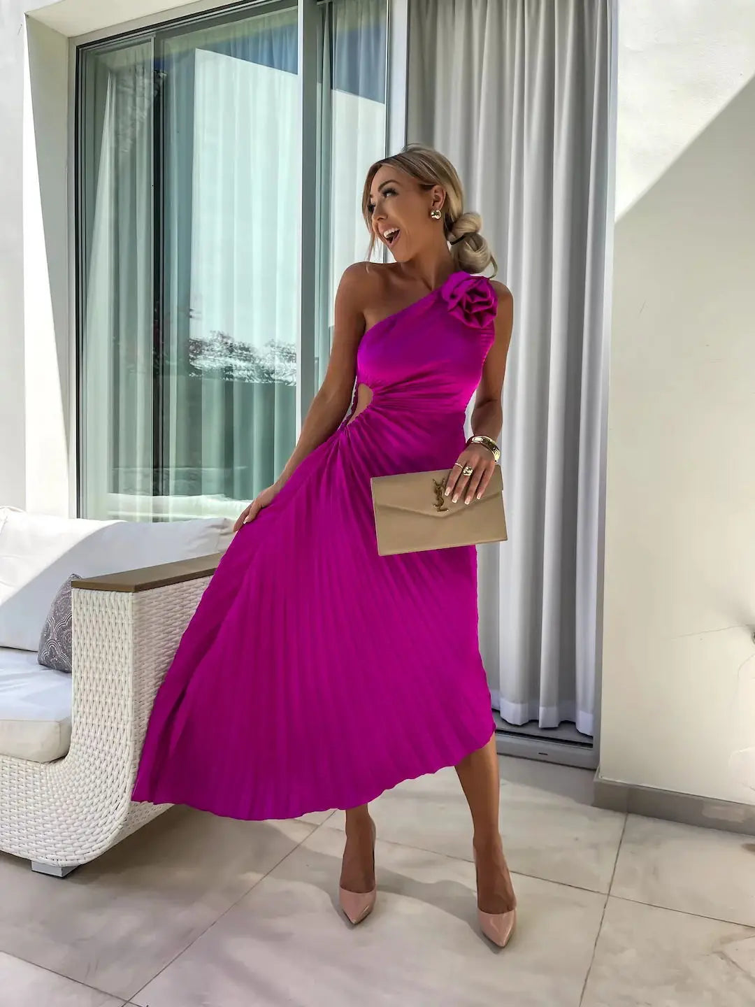One Shoulder Flower Decor Pleated Elegant Dress for Women