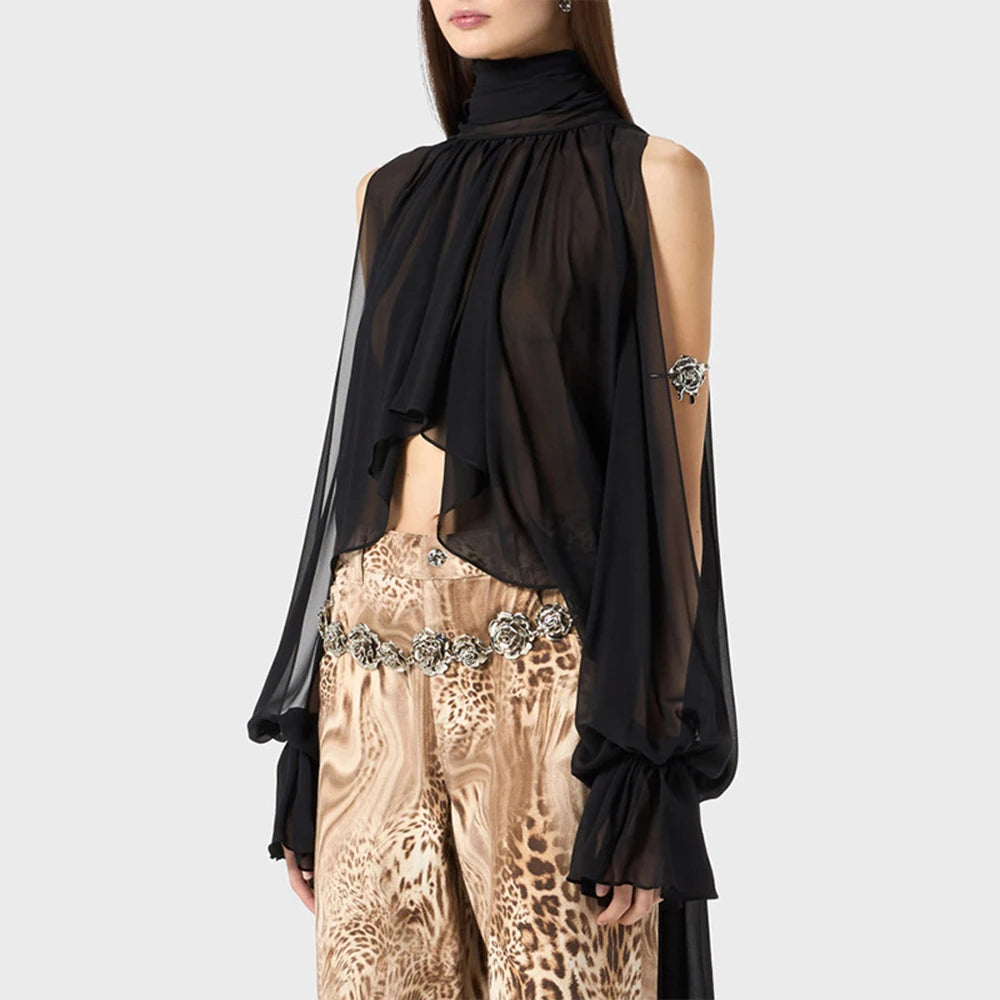 Loose Fit Asymmetrical Hem Chiffon Blouse for Women
