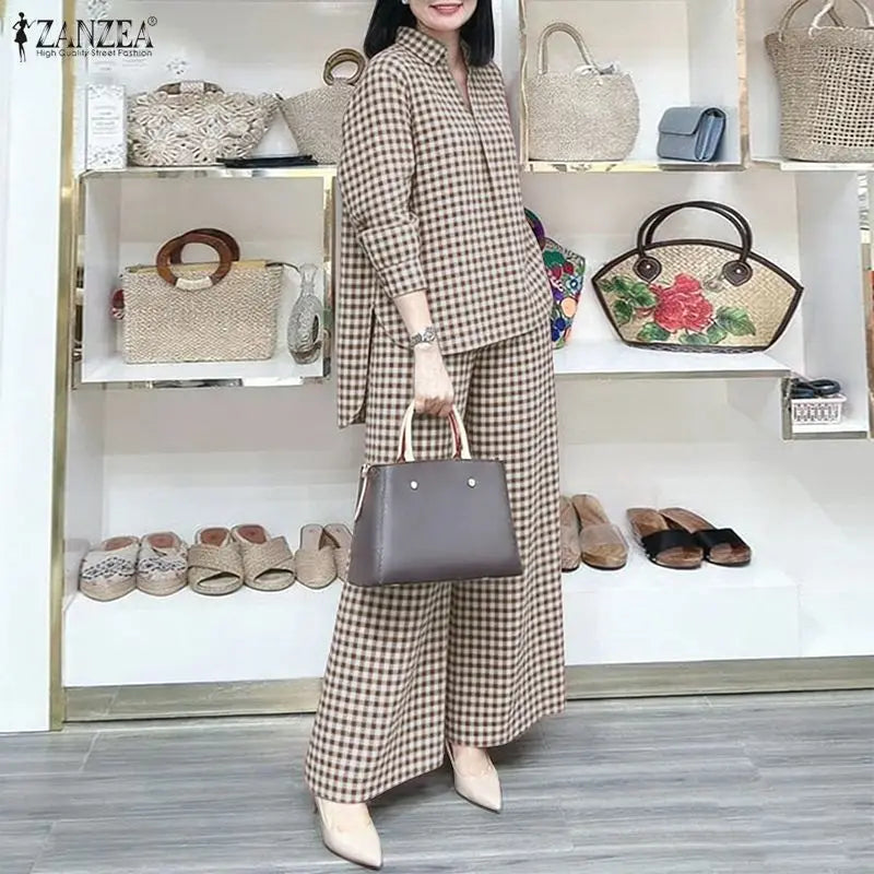 Gingham Blouse And Wide Leg Pants Set