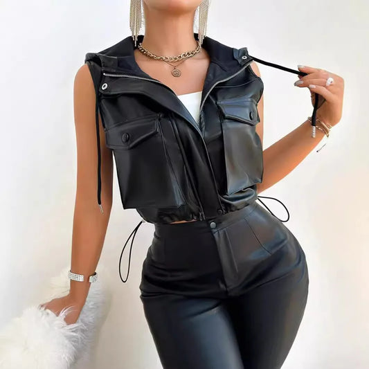 European and American fashion women's draw rope with hat three-dimensional pocket zipper PU leather vest for women