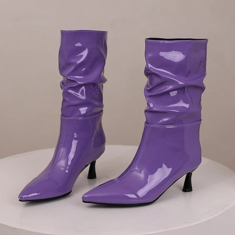 Patent Leather Pointed Toe Mid Calf Slouch Boots for Women