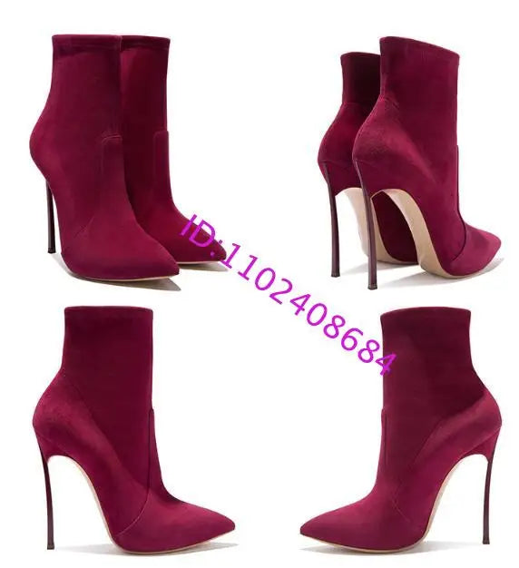 Spike High Heel Woman Ankle Boots Large Size Custom New Suede Pointed Toe High-Heeled Sexy Stretch Short Woman Boots