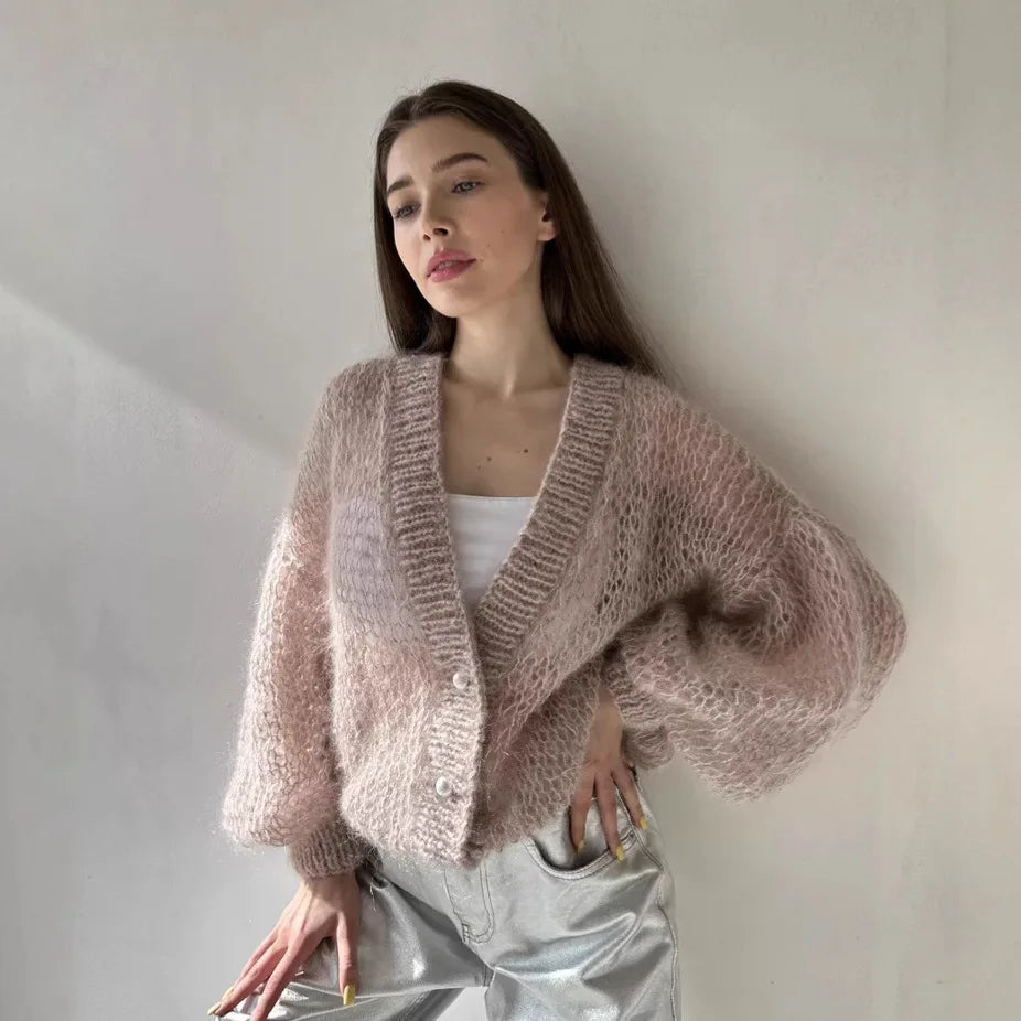 Loose Fit Open Knit V Neck Cardigan Sweater for Women
