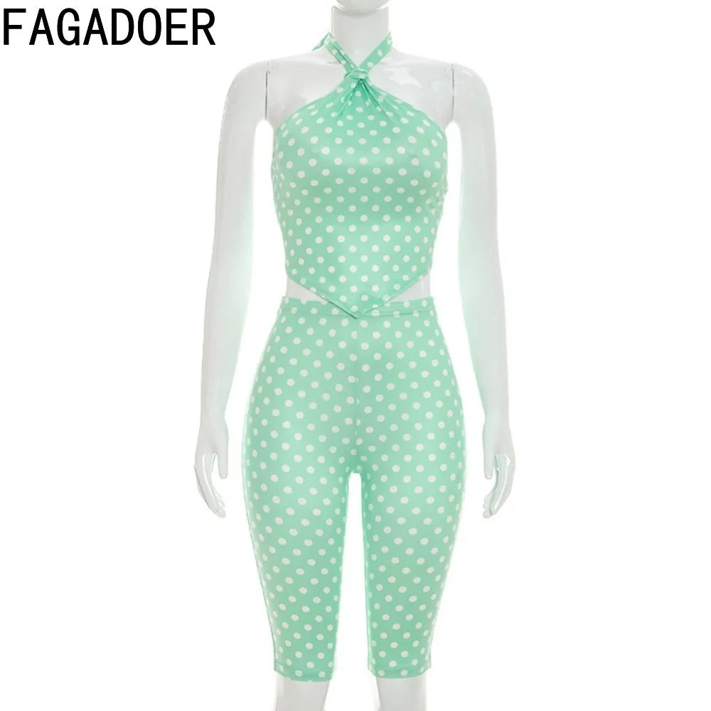 Polka Dot Ruched Mint Green Two Piece Set for Women