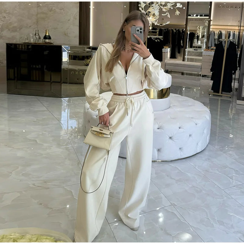 Zip Up Corset Hoodie And Wide Leg Sweatpants Two Piece Set For Women