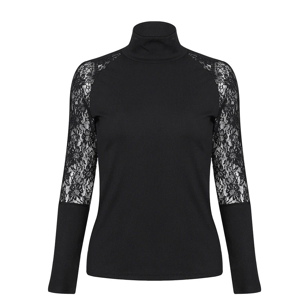 Solid Lace T-shirt Tops for Women Clothing Spring Summer Sexy Basic Shirt Elegant Fashion Long Sleeve Tee Y2K Blusas