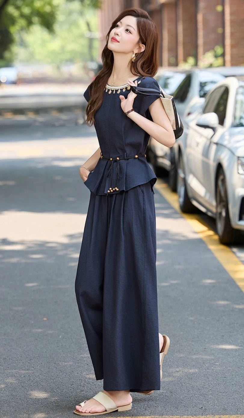 Women's Summer Wide Leg Pants Set 2026 New Arrival Elegant High End 2 Piece Outfit for Casual Chic Look Trending Fashion