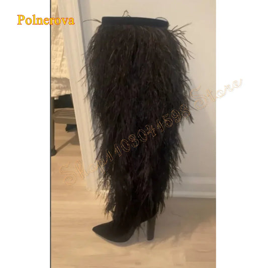 Sexy Over The Knee Black Feather Pointy Boots Chunky High Heel Shoes For Women Pointed Toe Women Boots Casual Fashionable Boots