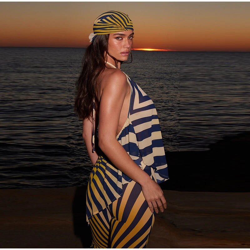 Retro Geometric Stripe Two Piece Set With Halter Top And Flare Pants for Women