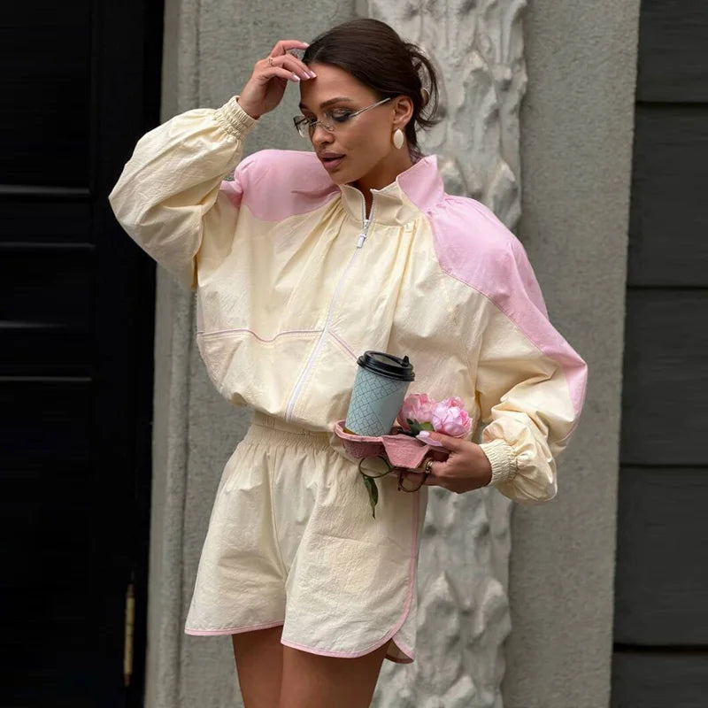 Contrast Half-Zip Stand Collar Short Jacket for Women