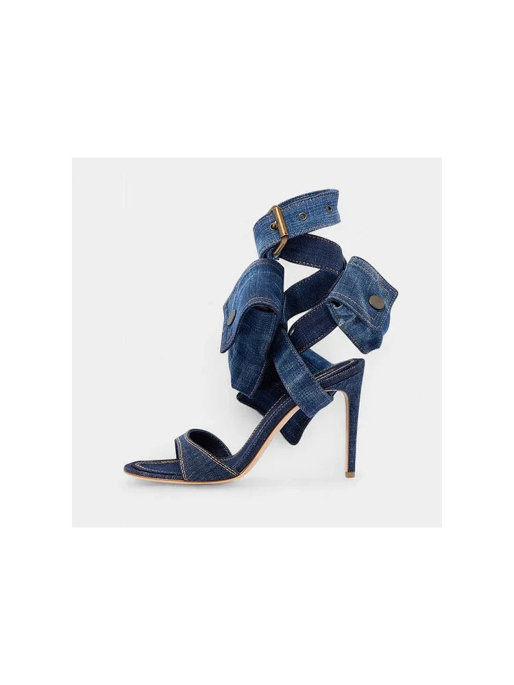 Blue Denim Pockets Design Open Toe Sandals for Women