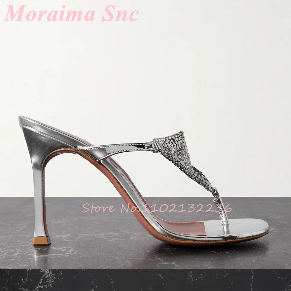 Mirror Silver Metallic Stiletto Heel Mule Sandals For Women