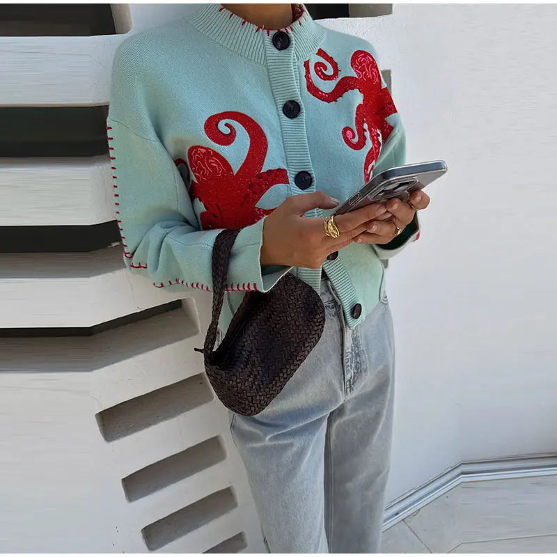 Elegant Knitted Octopus Jacquard Cardigan for Women