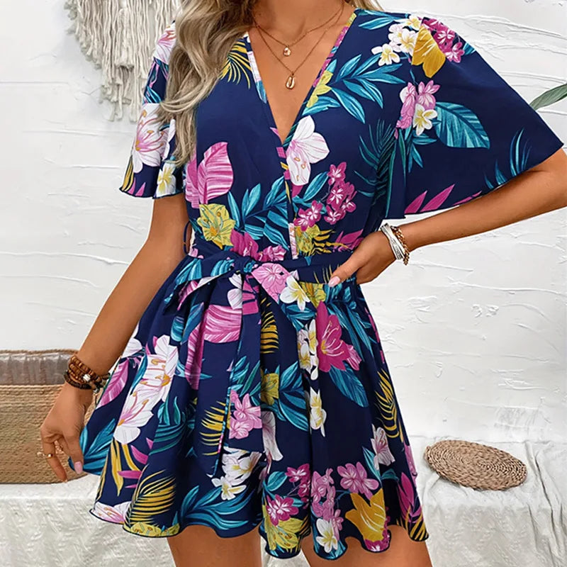 Bohemian Floral Print Short Jumpsuits For Women Summer Short Sleeve Wide Legs One Pieces  Elegant 2024 Beach Wear Casual Outfit