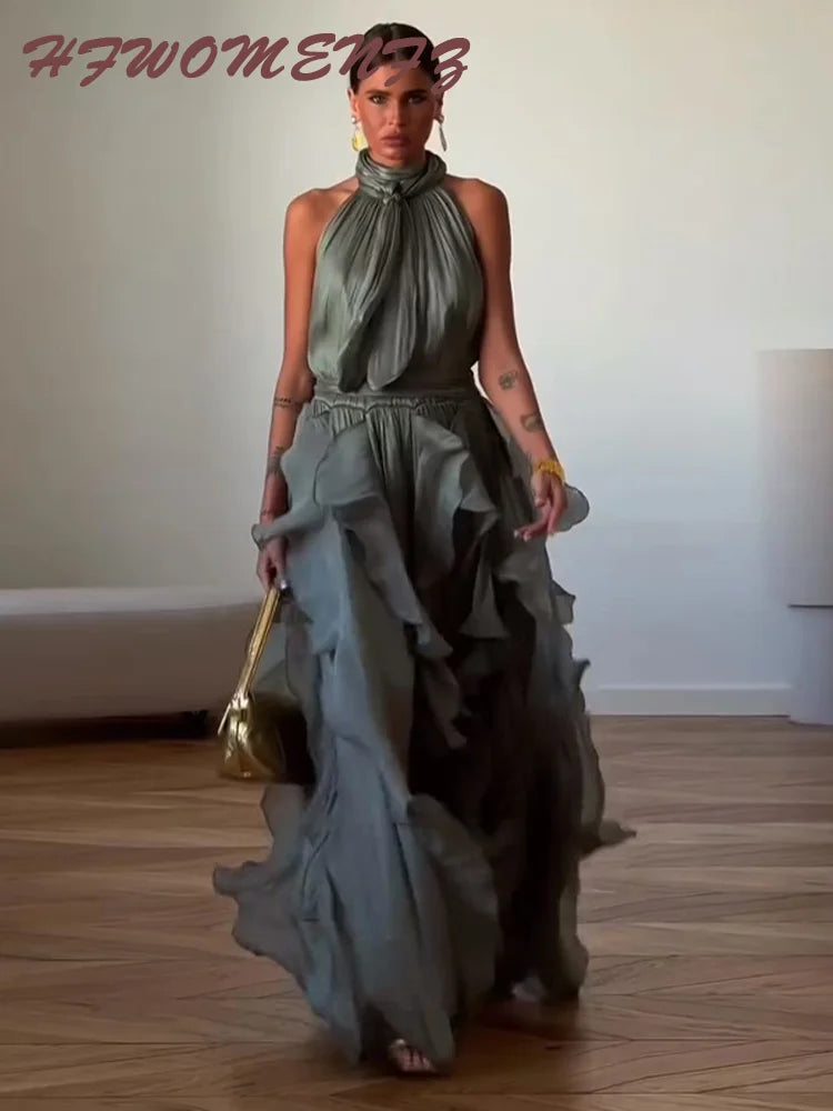Cascading Ruffle Pleated Maxi Dress with Lace Up for Women