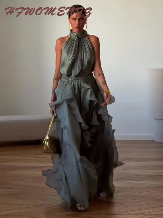 Cascading Pleated Ruffle Maxi Dress