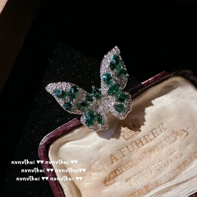 Green Zircon Butterfly Necklace, Ring, and Earring Set for Women