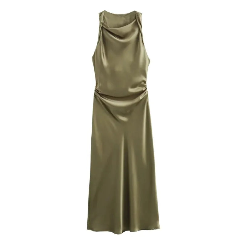 Summer Women's Satin Long Dresses Fashion Sleeveless Elegant Evening Party Dresses