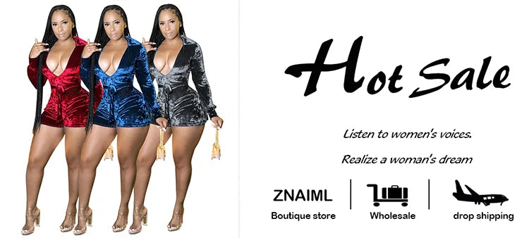 Znaiml Elegant Velvet Shorts Jumpsuit Women Clothing Solid Color Long Sleeve V-Neck Playsuits Sexy Nightclub Bodycon Romper New