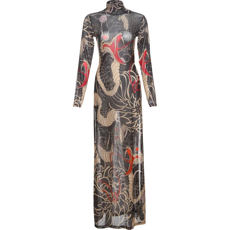 Snake Print Sheer Turtleneck Long Sleeve Top for Women