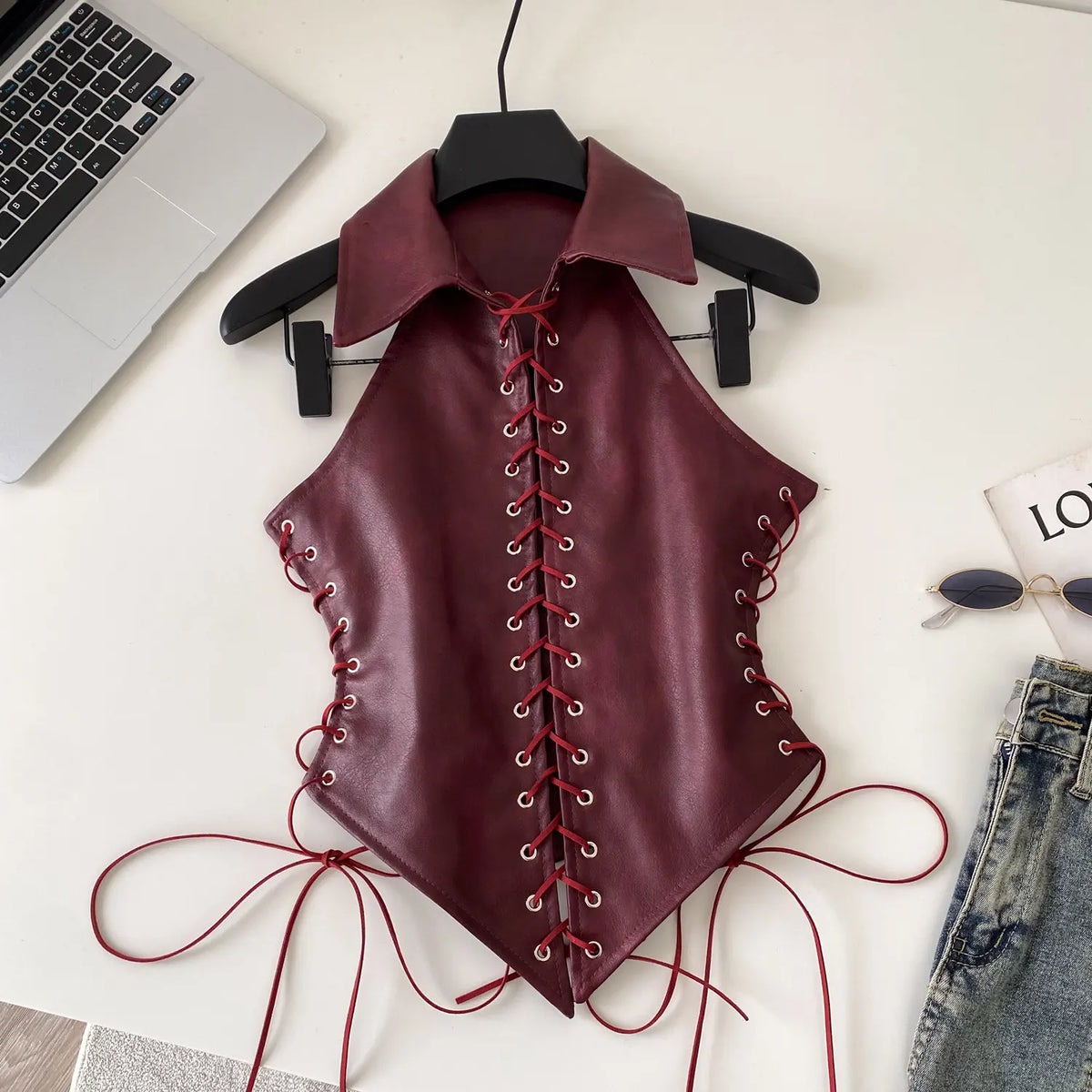 Retro Lace Up Faux Leather Sleeveless Bustier Top for Women