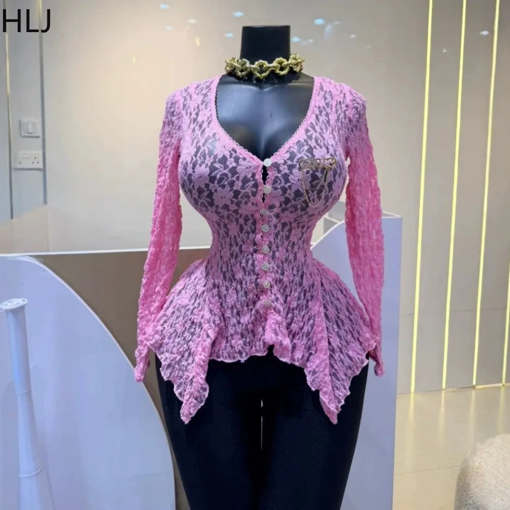 Floral Lace Sheer Button Up Peplum Blouse for Women