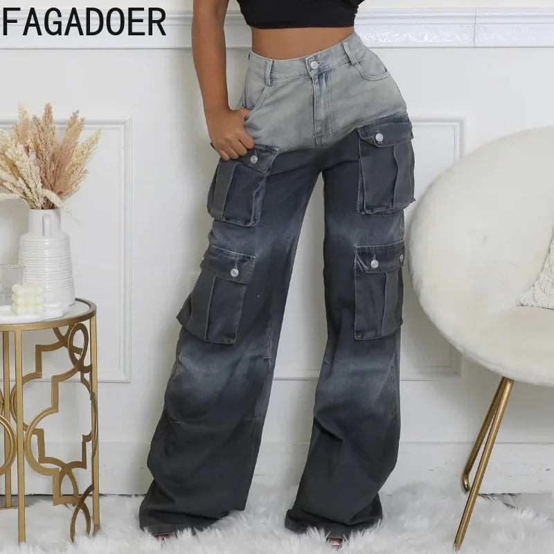 FAGADOER Fashion Gradient Denim Wide Leg Pants Women Summer New Cargo Pocket Patchwork Pants Female Streetwear Bottoms 2025
