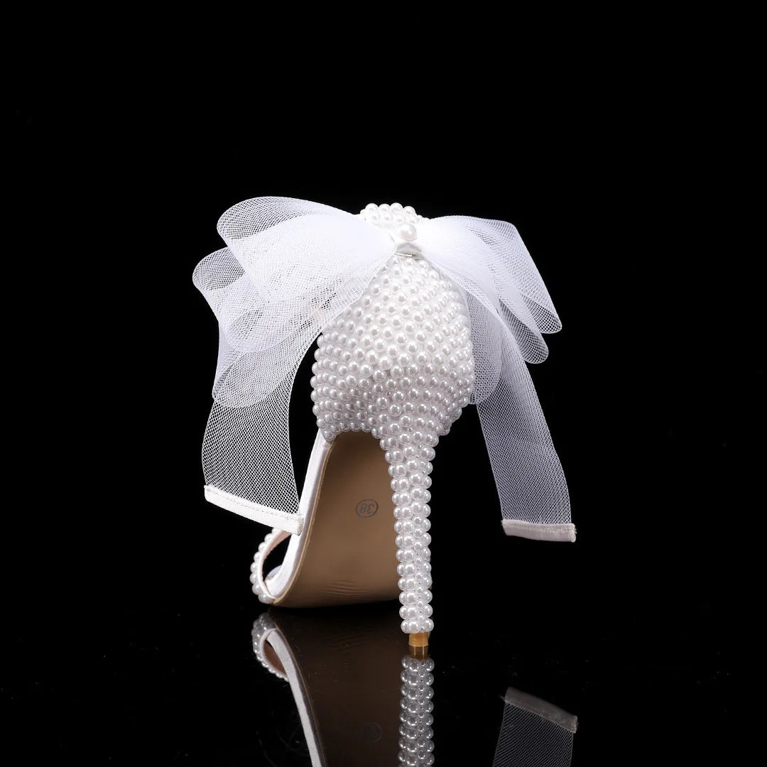 Elegant Pearl Beaded Mesh Bowknot Sandals for Women