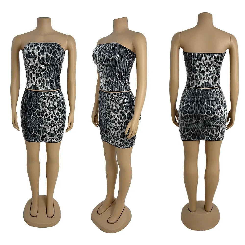 Short Dresses Woman Summer 2025 New Streetwear Fashionable and Versatile Shiny Sequin Half Skirt Leopard Print Dress Female
