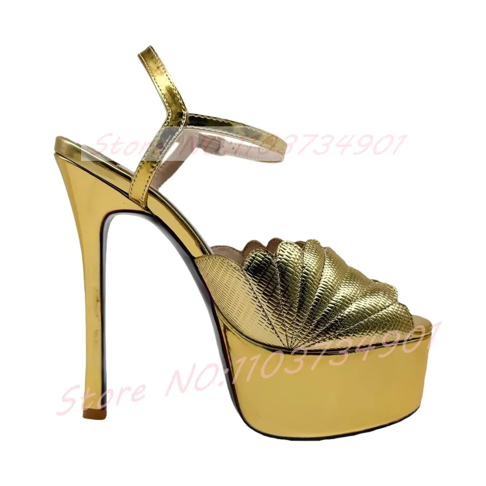 Metallic Scalloped Platform Sandals With Thin Heel For Women