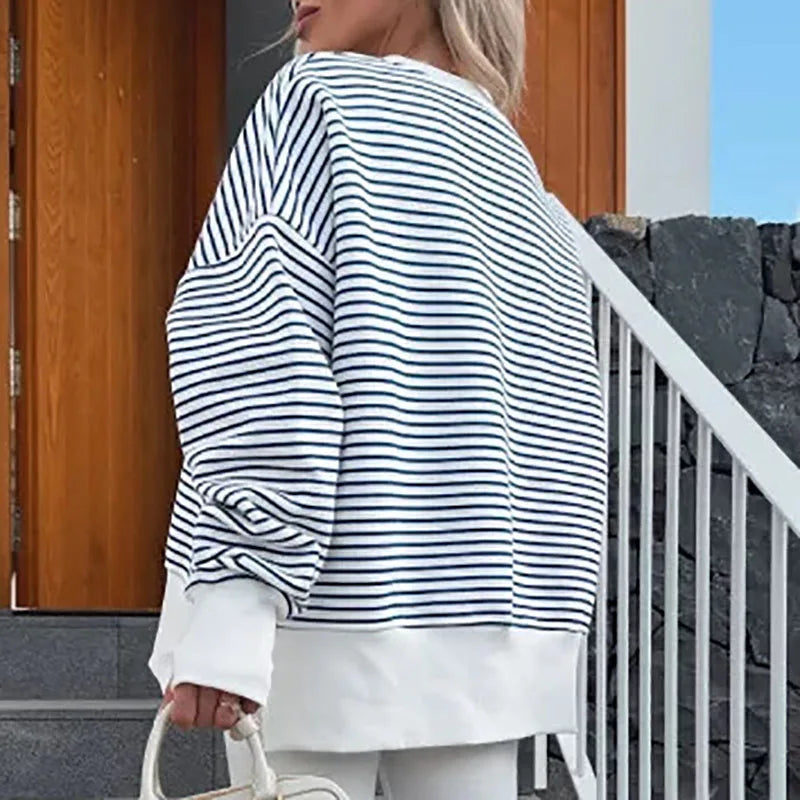 Casual High Street Long Sleeved Loose Hoodie Women's Fashion Patchwork Sweatshirt Top New 2025 O Neck Striped Printed Pullover