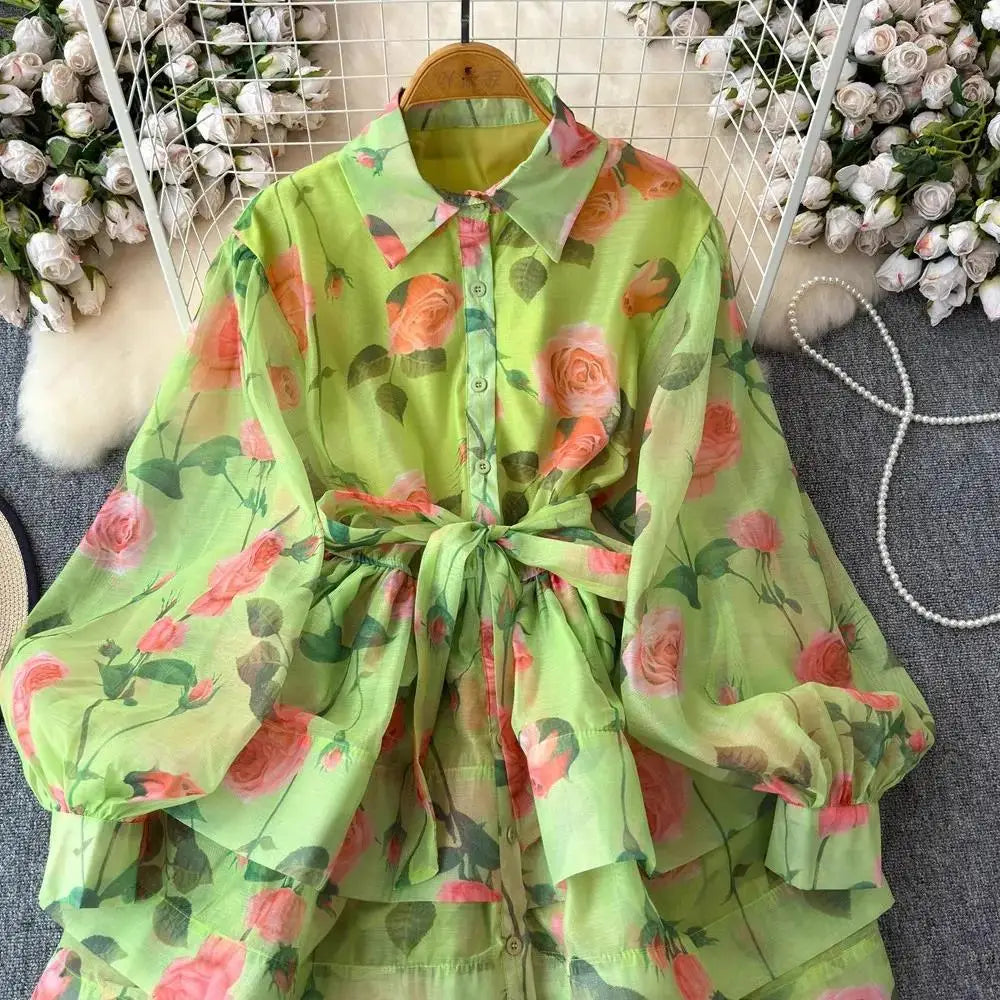 Women Lantern Sleeve Floral Print Lace Up Belt Summer Ball Gown Cute Dress Holiday Gorgeous Flower Ruffles Layer Cake Mini Dress